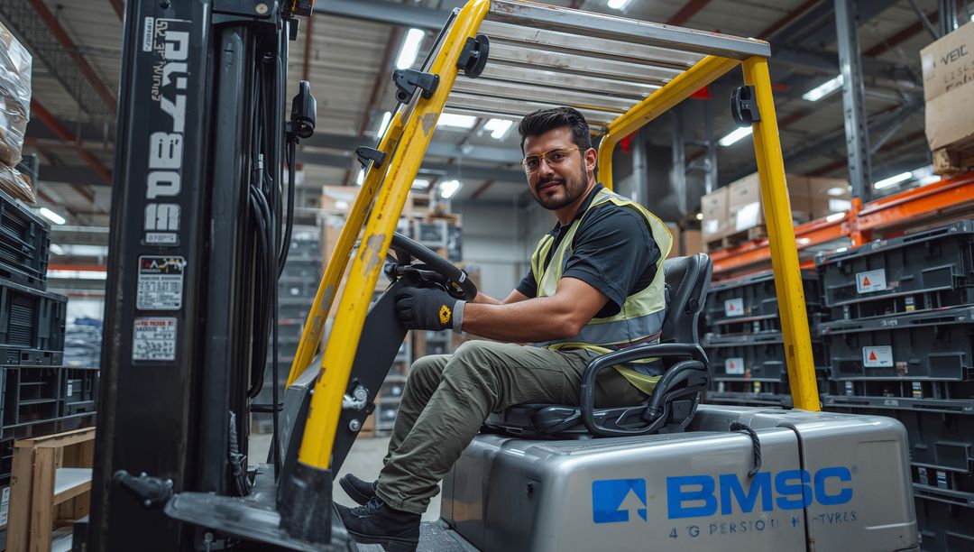Warehouse Forklift Operator Operating Yellow Forklift Next to Stacked Bins in Modern Logistics Hub