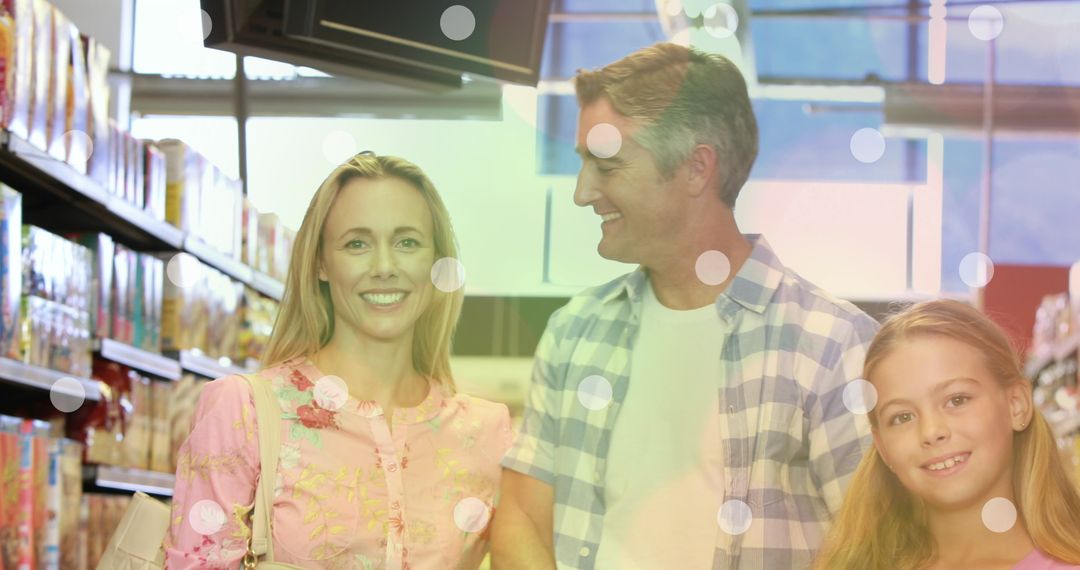 Happy Family Shopping in Supermarket Setting with Light Flares
