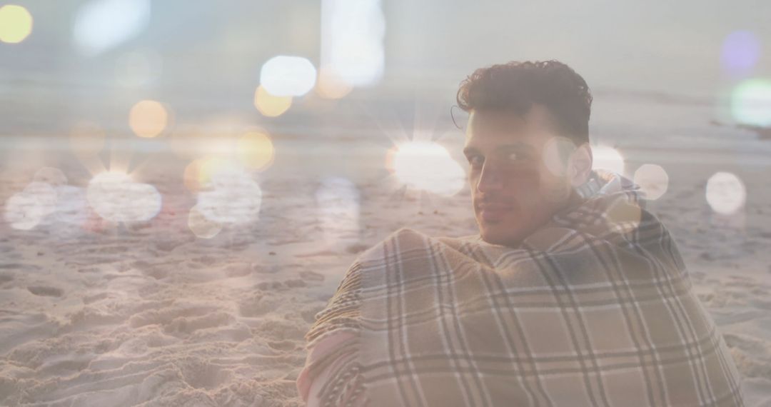 Man Wrapped in Plaid Blanket on Beach with Nighttime Bokeh