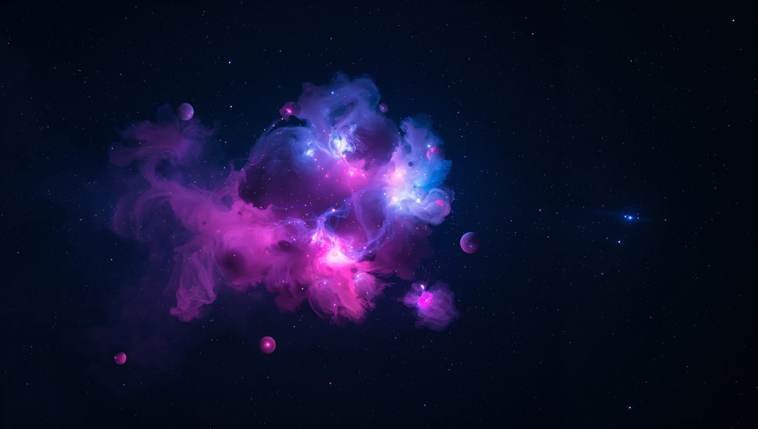 Glowing Magenta-Violet Nebula Showing Cyan Filaments, Orbiting Planets and Stellar Cluster