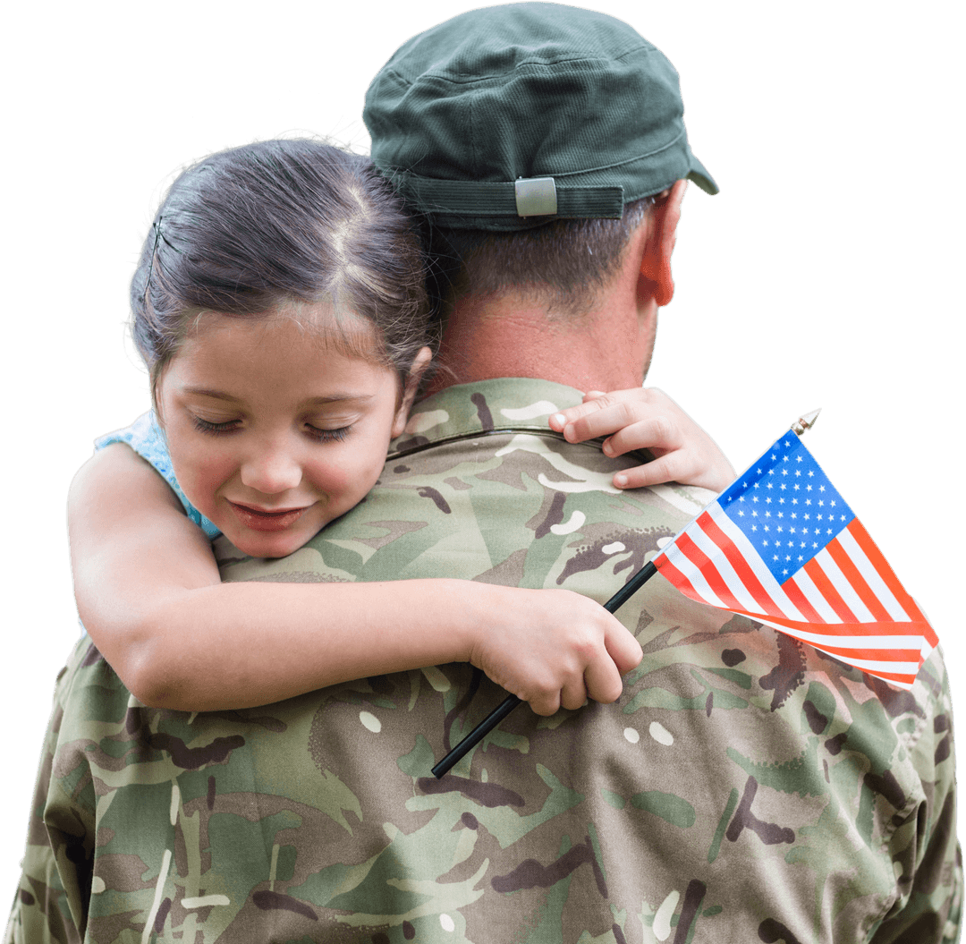 Military Father Hugging Daughter Holding Flag on Transparent Background