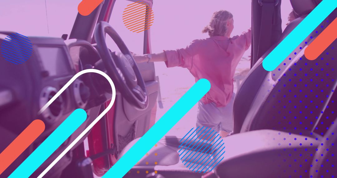Woman Relaxing in SUV at Beach with Vibrant Graphic Elements