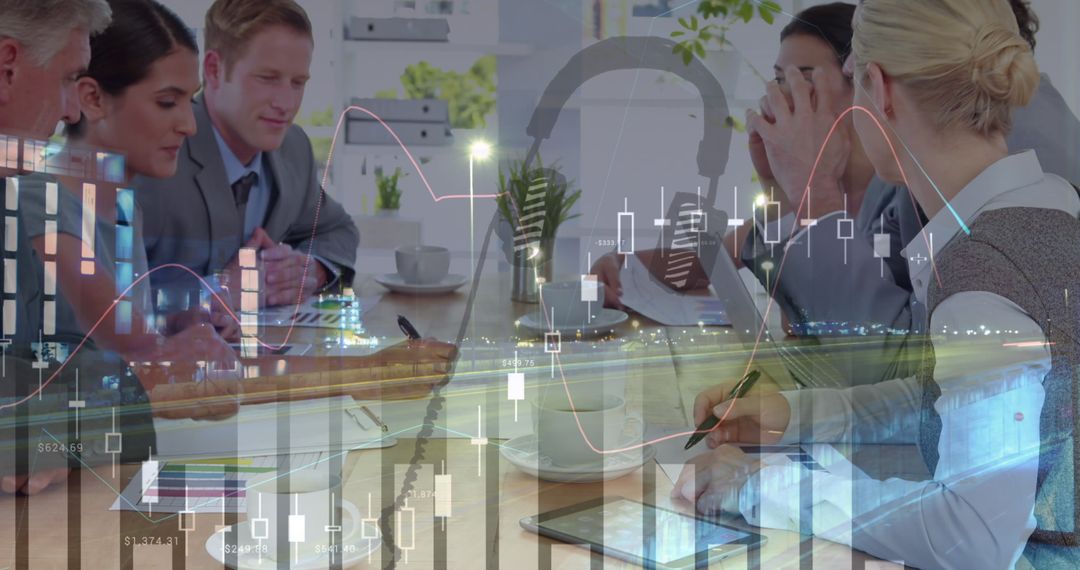 Diverse Business Team Analyzing Data with Digital Overlay and City Traffic