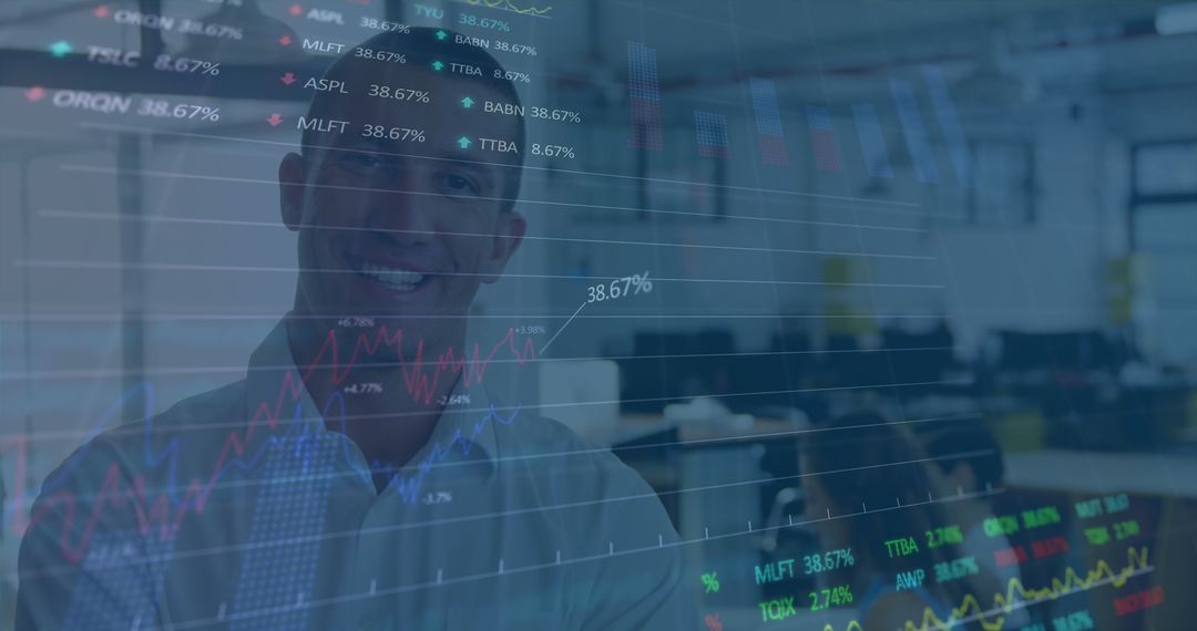 Overlay of Stock Market Data with Smiling Professional in Office