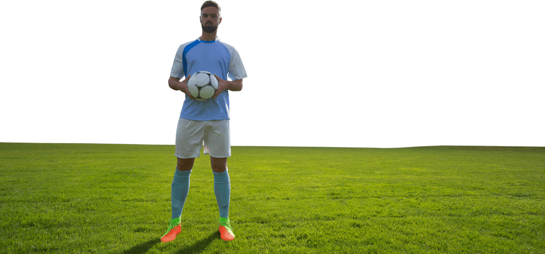 Transparent Soccer Player Holding Football on Green Field