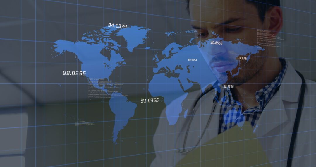 Doctor Analyzing World Map with Digital Data Interface