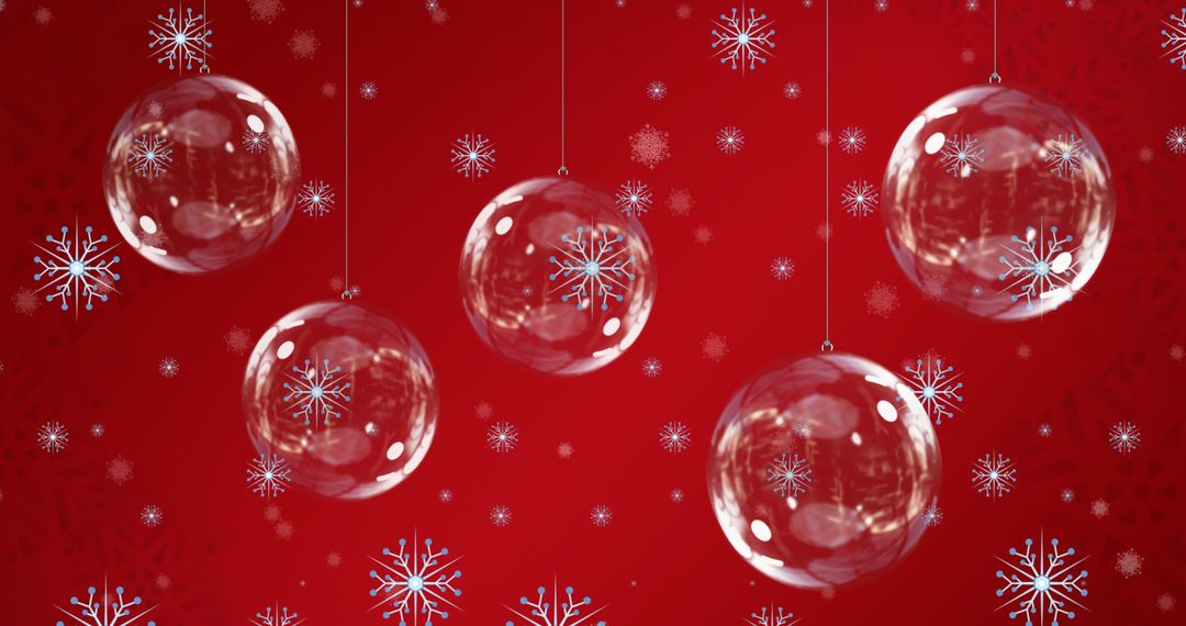 Festive Transparent Christmas Ornaments on Red Snowflake Background