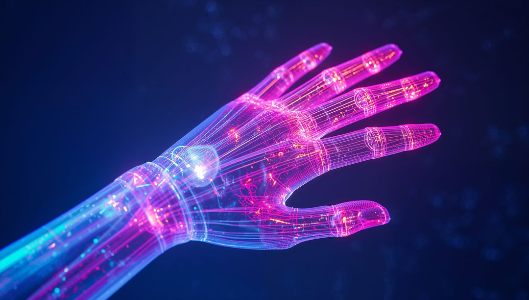 Futuristic Glowing Robotic Hand with Neon Wireframe in Virtual Space