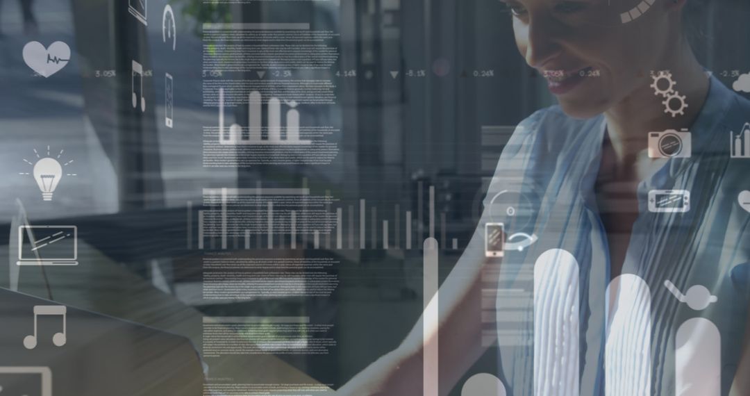 Woman Using Laptop with Digital Data Interface Overlay