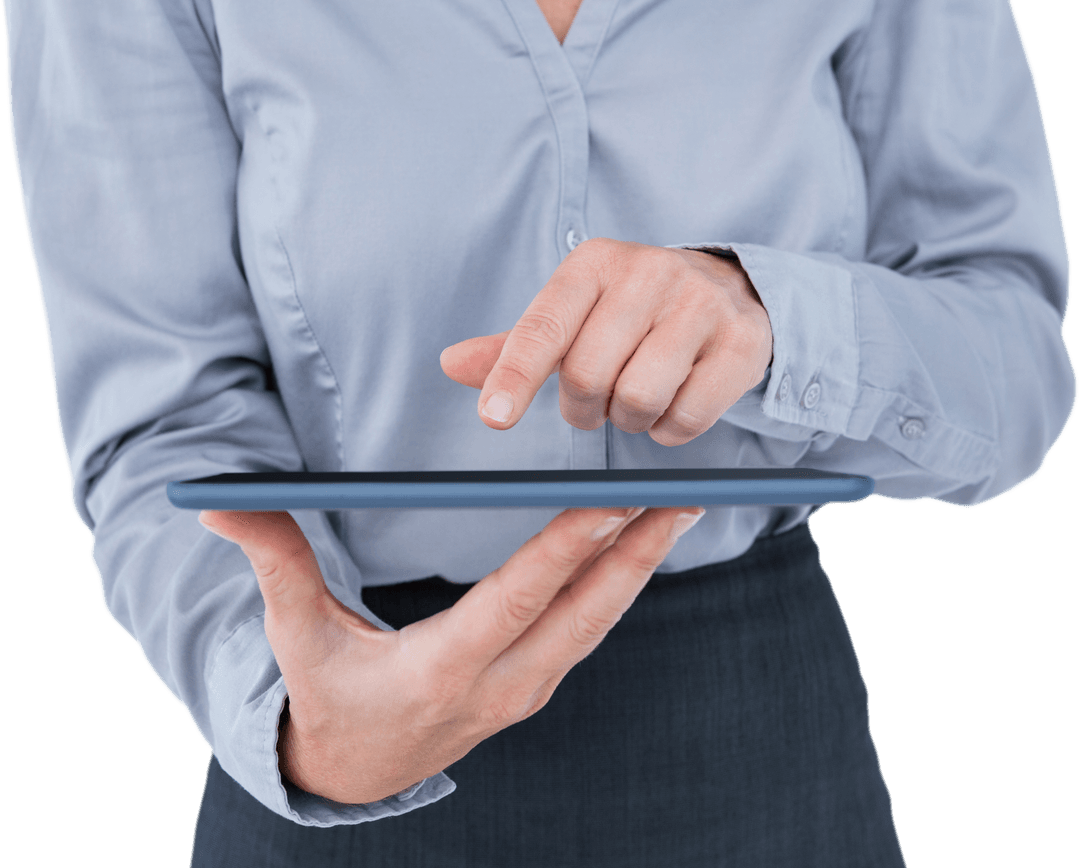 Transparent Businesswoman Interacting with Modern Tablet Device