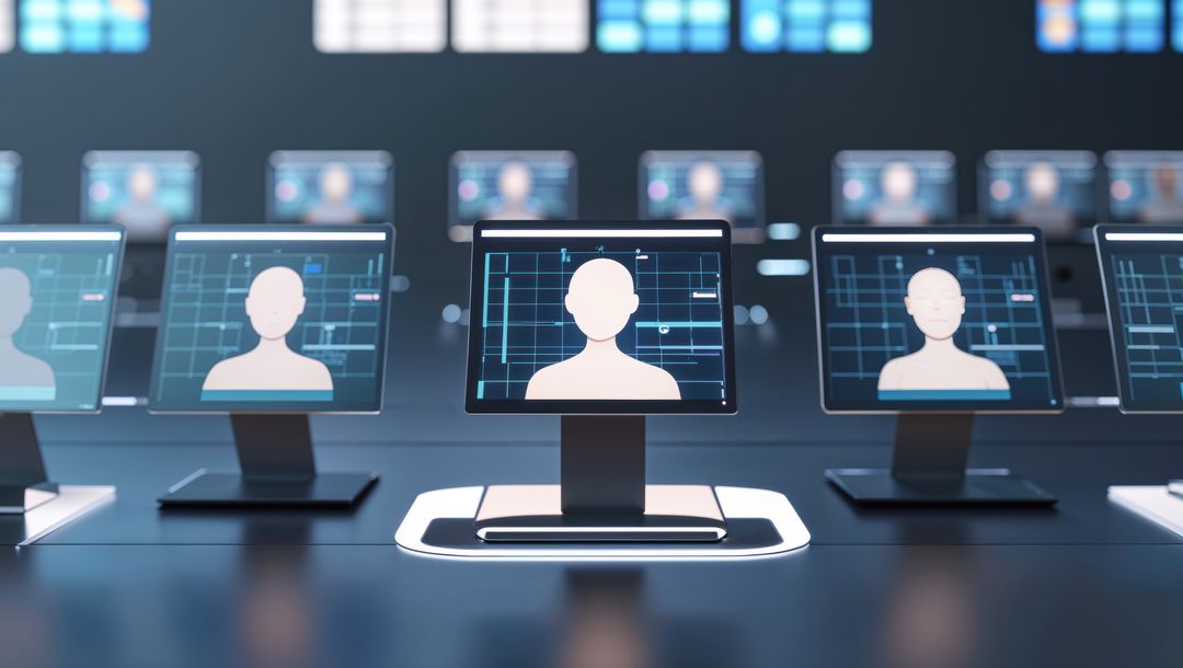 Digital security interface with avatars in tech hub, talking heads concept