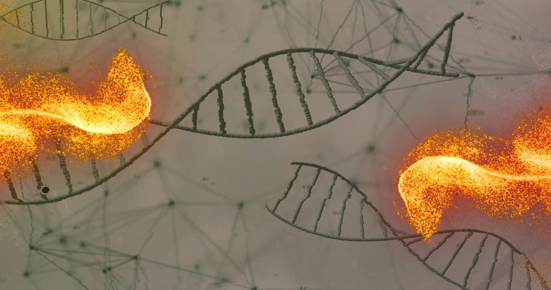 Abstract DNA Strands with Glowing Orange Energy Trails