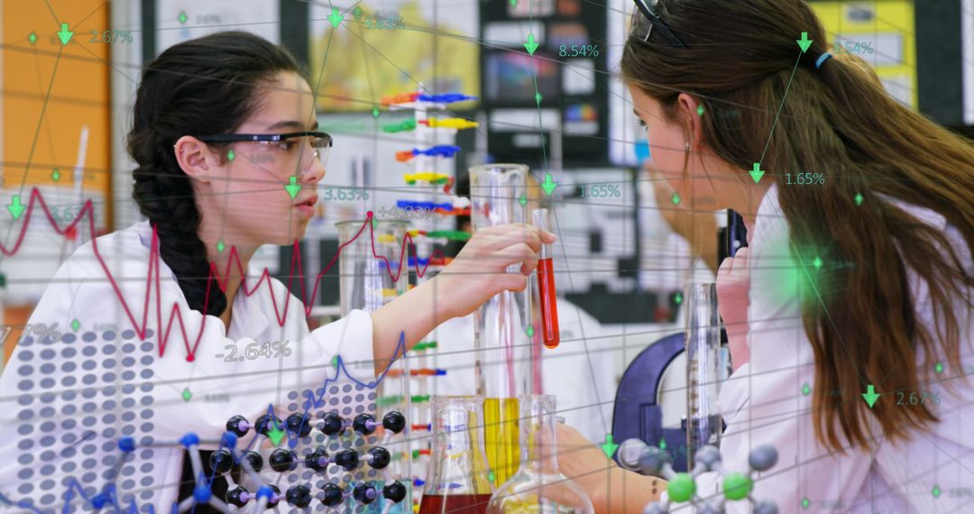Secondary Students Engaged in Chemistry Experiment with Digital Data Overlay