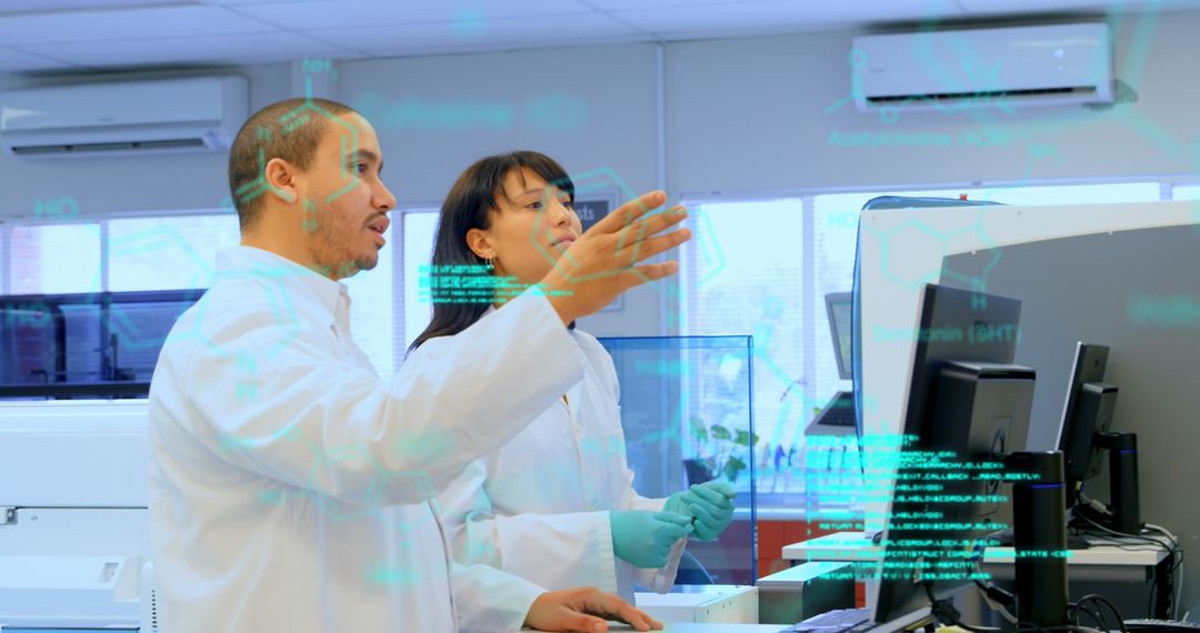 Scientists Analyzing Data with Digital Interface in Lab