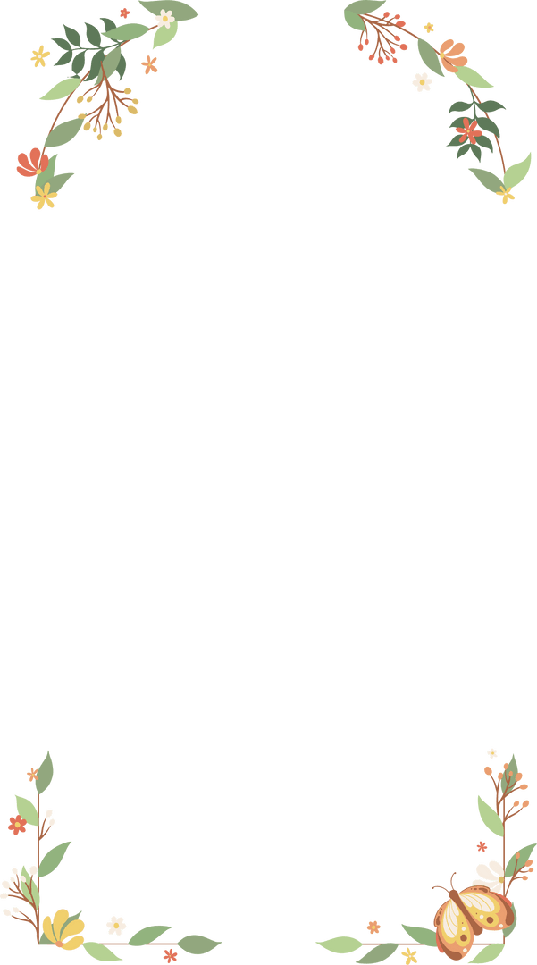 Elegant Floral Frame Botanical Sprigs with Butterfly on Transparent Background