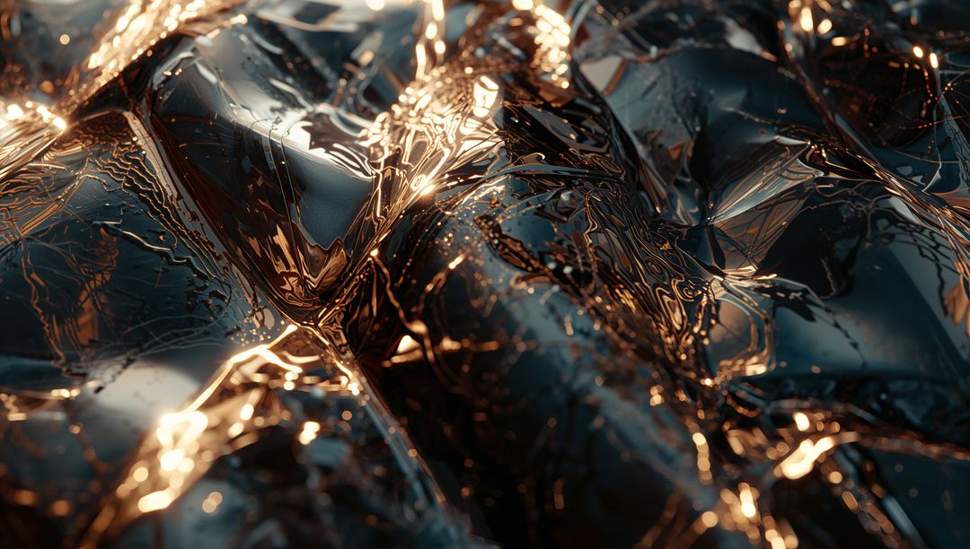 Glinting Liquid Metal Surface Reflecting Copper-Gold Highlights and Veined Gloss