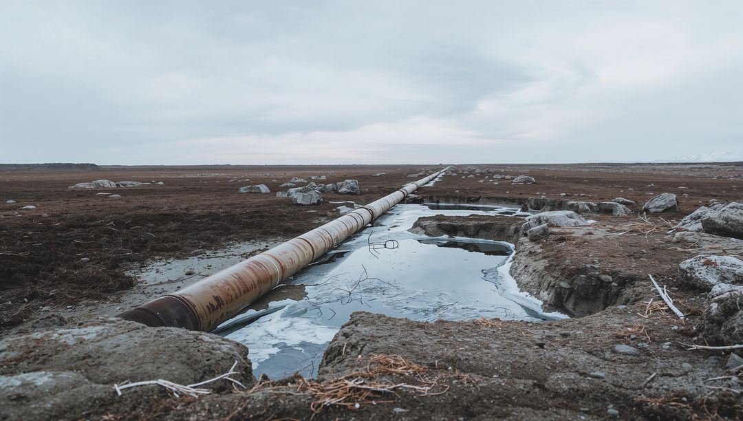 Rusty Pipeline Crossing Desolate Wetland Landscape