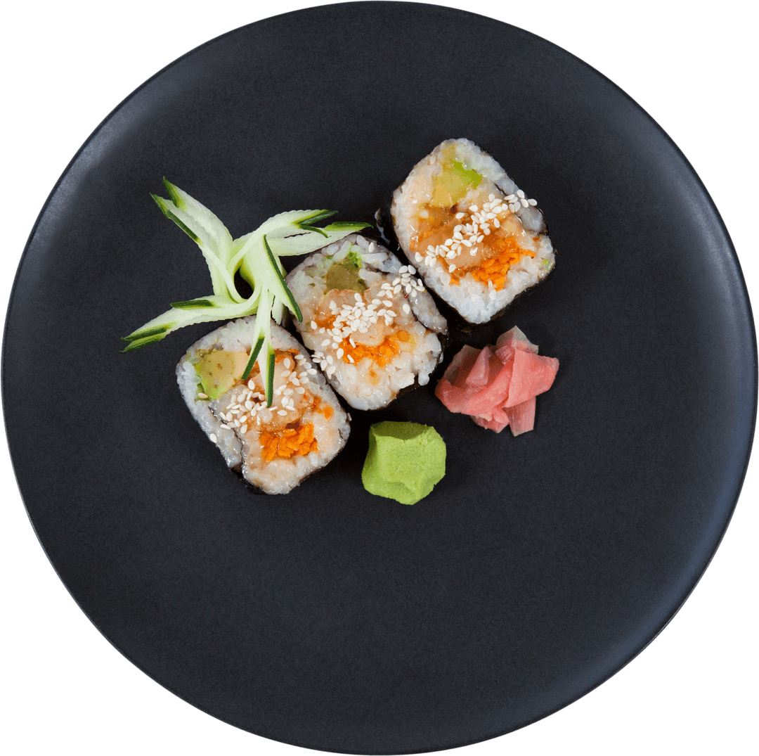 Transparent Sushi Arrangement with Garnish on Black Plate