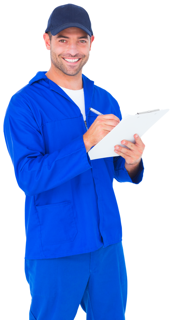 Transparent Happy Handsome Male Mechanic Writing Clip Board Blue Uniform - Download Free Stock Images Pikwizard.com