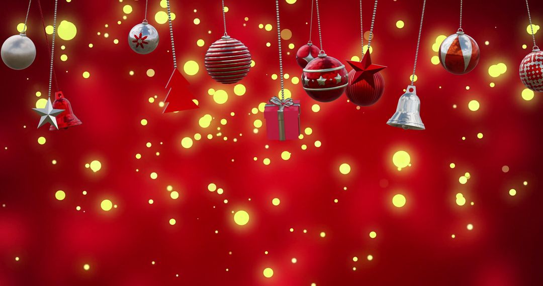 Festive Christmas Baubles and Bright Golden Lights on Vibrant Red Background - Free Images, Stock Photos and Pictures on Pikwizard.com