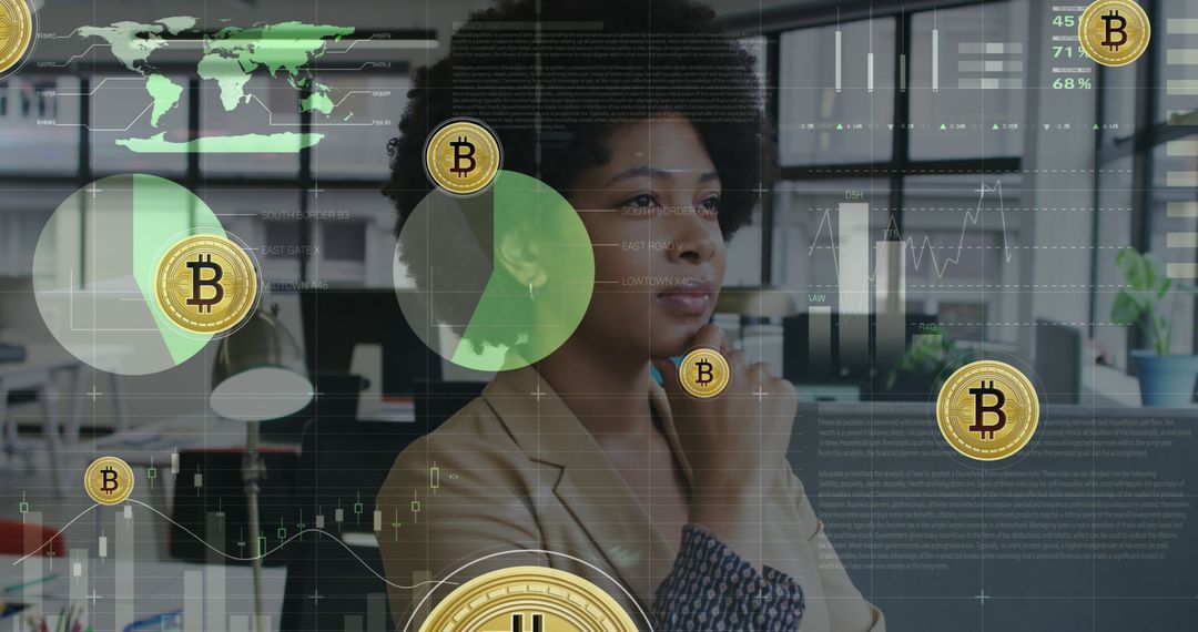 Businesswoman Analyzing Cryptocurrency Trends in Modern Office - Free Images, Stock Photos and Pictures on Pikwizard.com