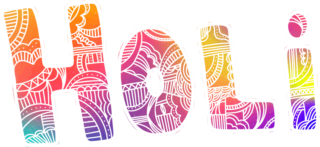 Mandala-Patterned Holi Lettering with Vibrant Gradients, Transparent Background