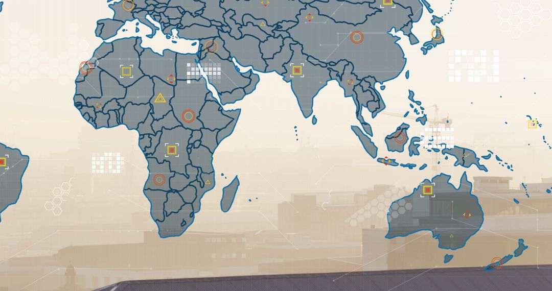 Digital Global Map Overlay with Financial Data on Cityscape