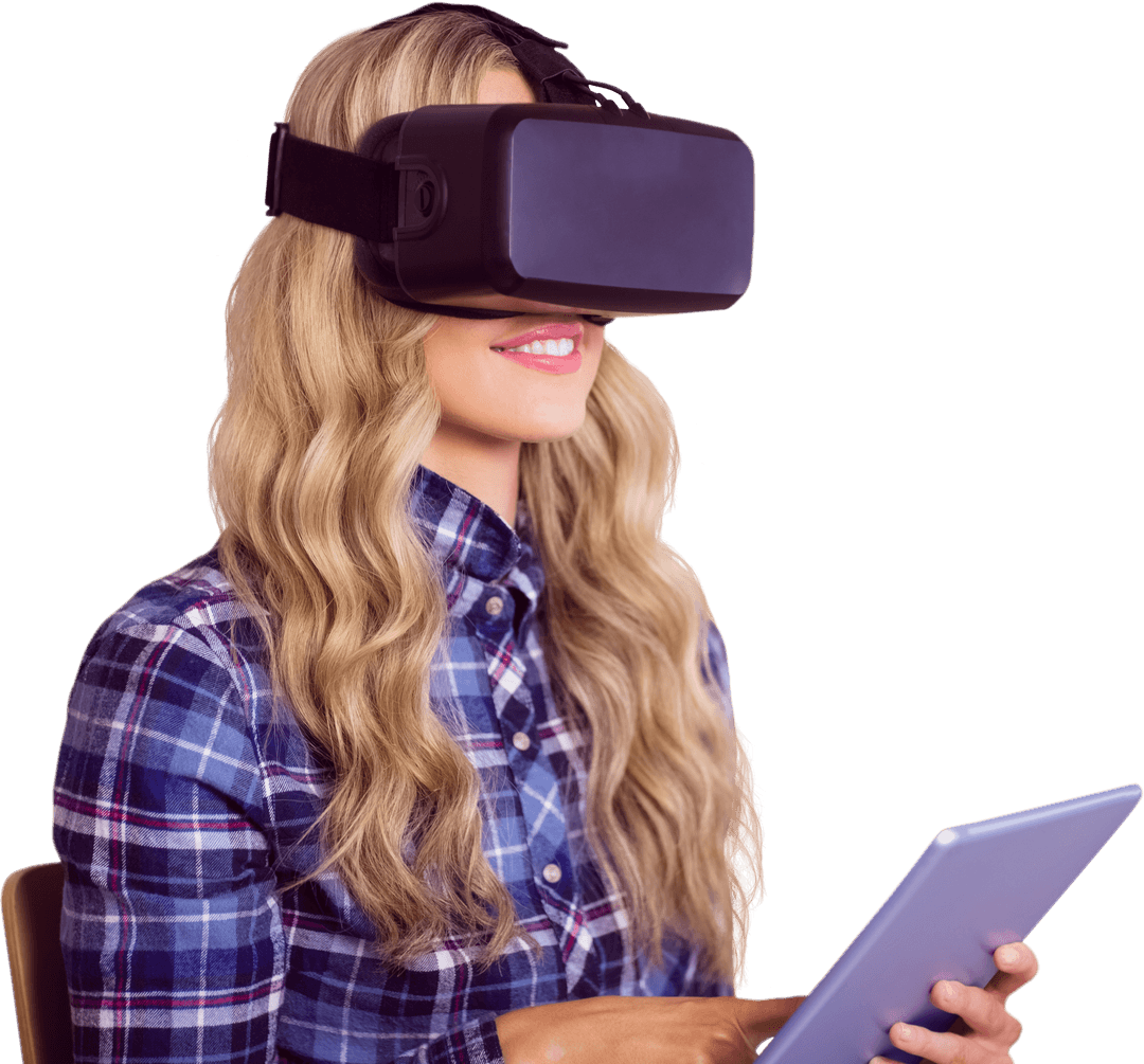 Smiling Blonde Woman Engaging in Virtual Reality Technology