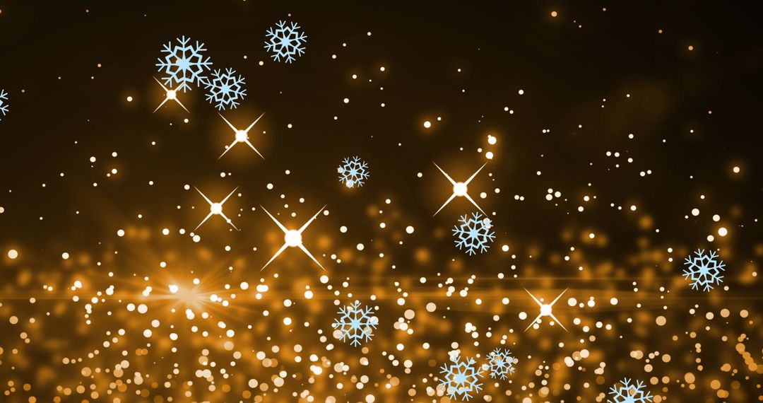 Falling Snowflakes with Twinkling Golden Lights on Black Background