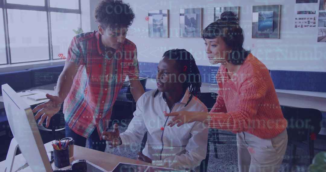 Diverse Team Collaborating in Modern Tech Workspace with Software Code Overlay