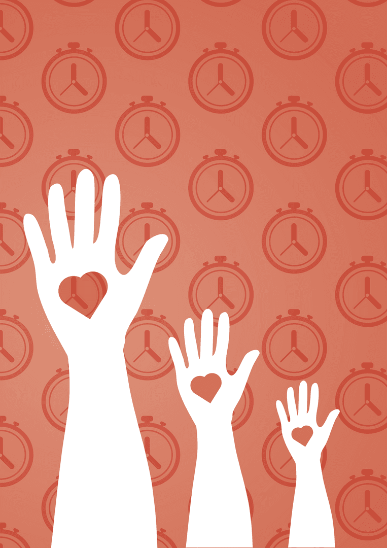 Transparent Illustration of Hands with Hearts on Orange Stopwatch Background