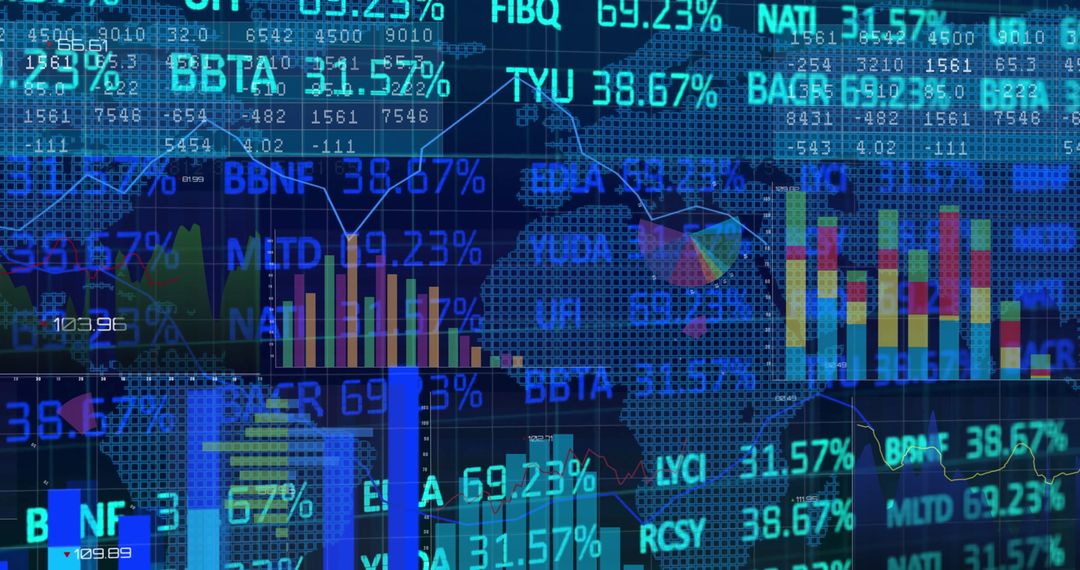 Global Stock Market Data Overlay with Charts and World Map