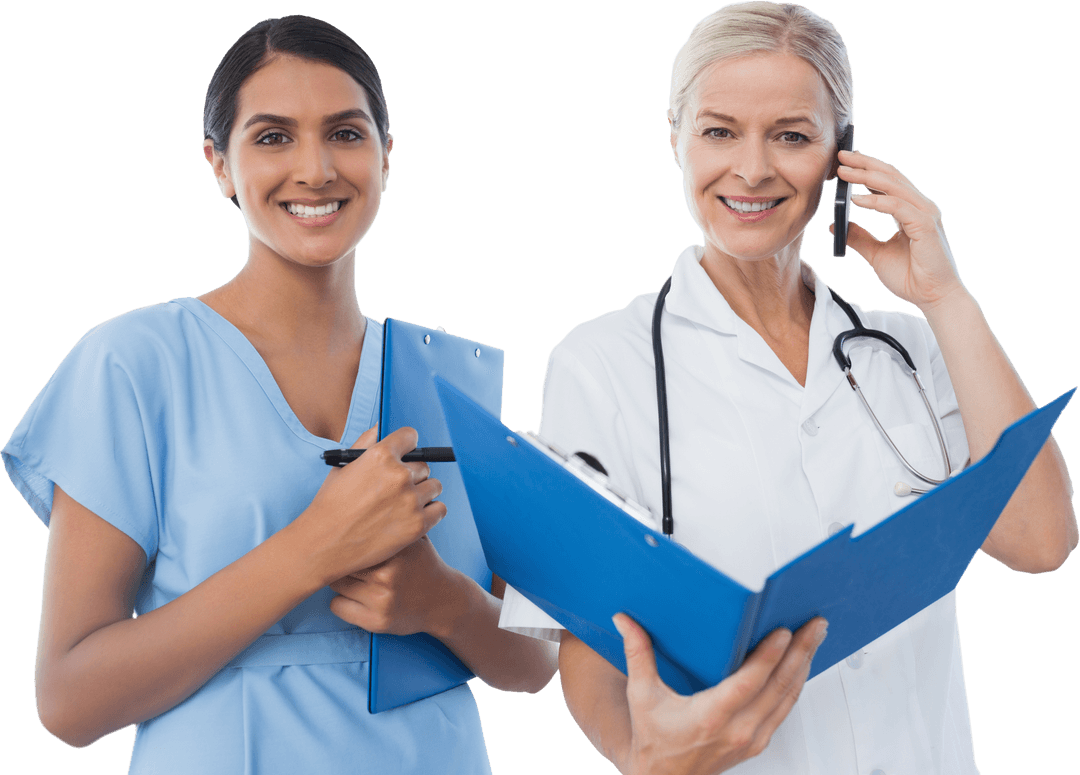 Smiling Nurse and Doctor Communicating on Transparent Background