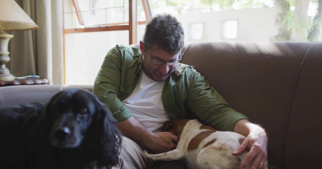 Man Relaxing with Two Dogs on Sofa Embracing Domestic Comfort
