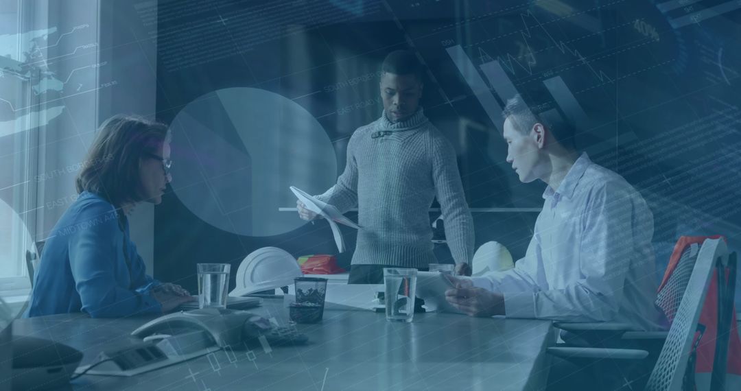 Diverse Team Collaborating on Ideas with Futuristic Interface Overlay