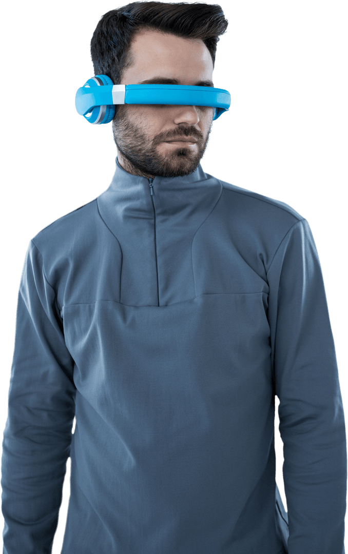 Man in Transparent Blue Virtual Reality Headset Looking Stylish