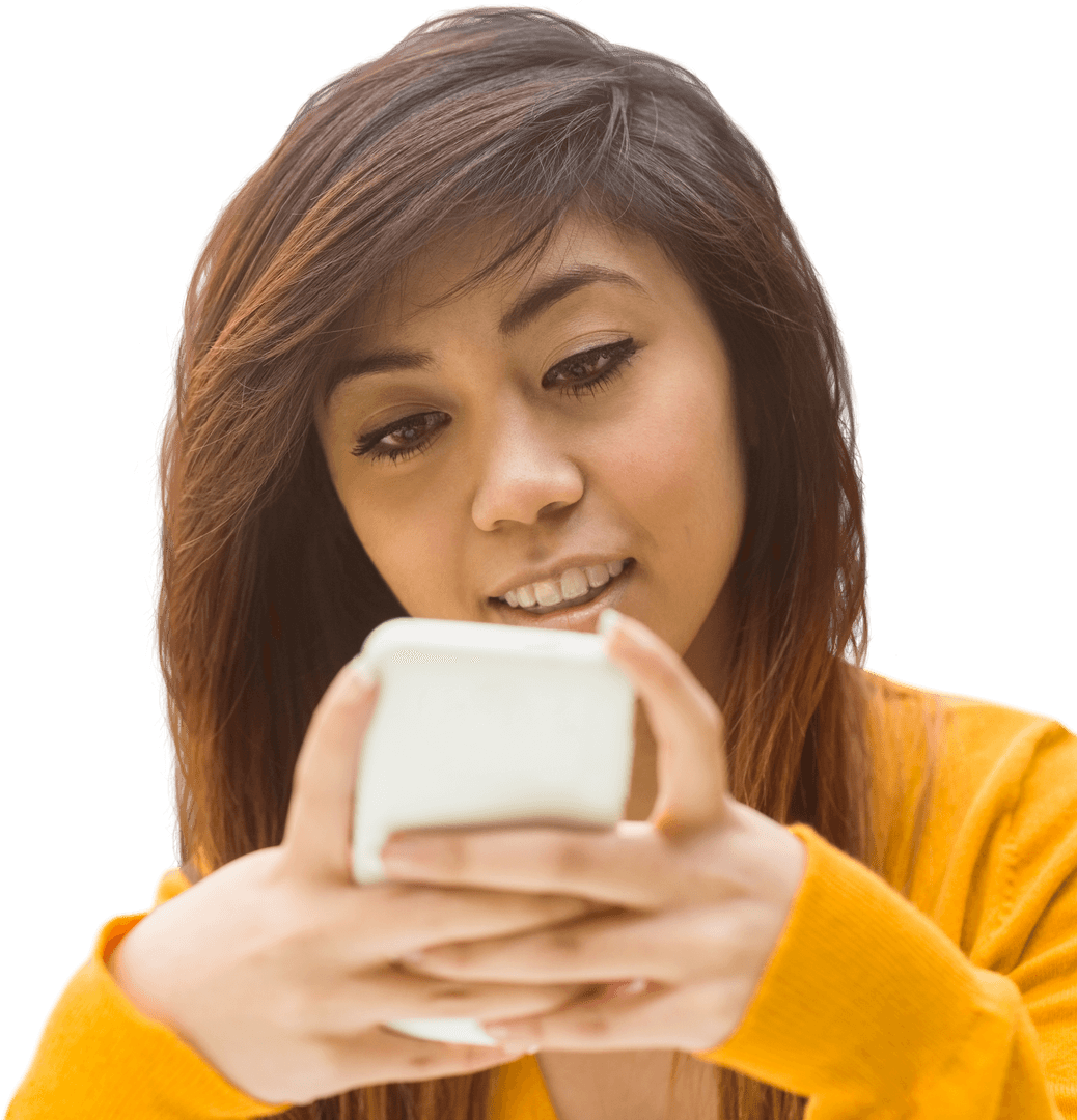 Happy Young Woman Engaging with Phone on Transparent Background
