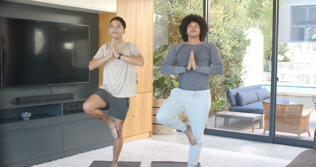 Diverse Friends Practicing Yoga at Home in Tranquil Living Space