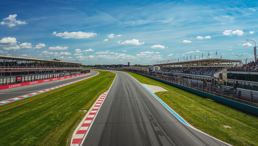 Pristine racing circuit view with filled grandstands and perfect weather