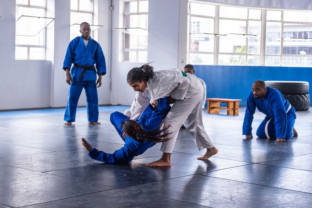 Martial Arts Students Practicing Throws in Studio Setting