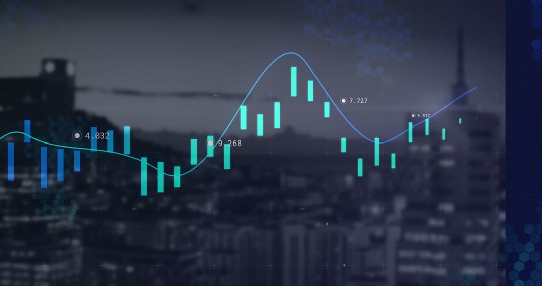 dynamic data graph overlay with illuminated city skyline - Free Images, Stock Photos and Pictures on Pikwizard.com