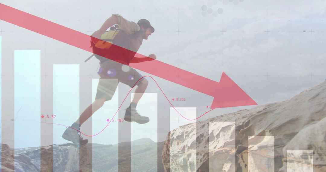 Hiker Navigates Mountain with Financial Graph Overlay