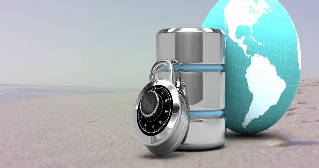 Cybersecurity Concept with Lock, Globe, and Data Cylinder on Sandy Surface