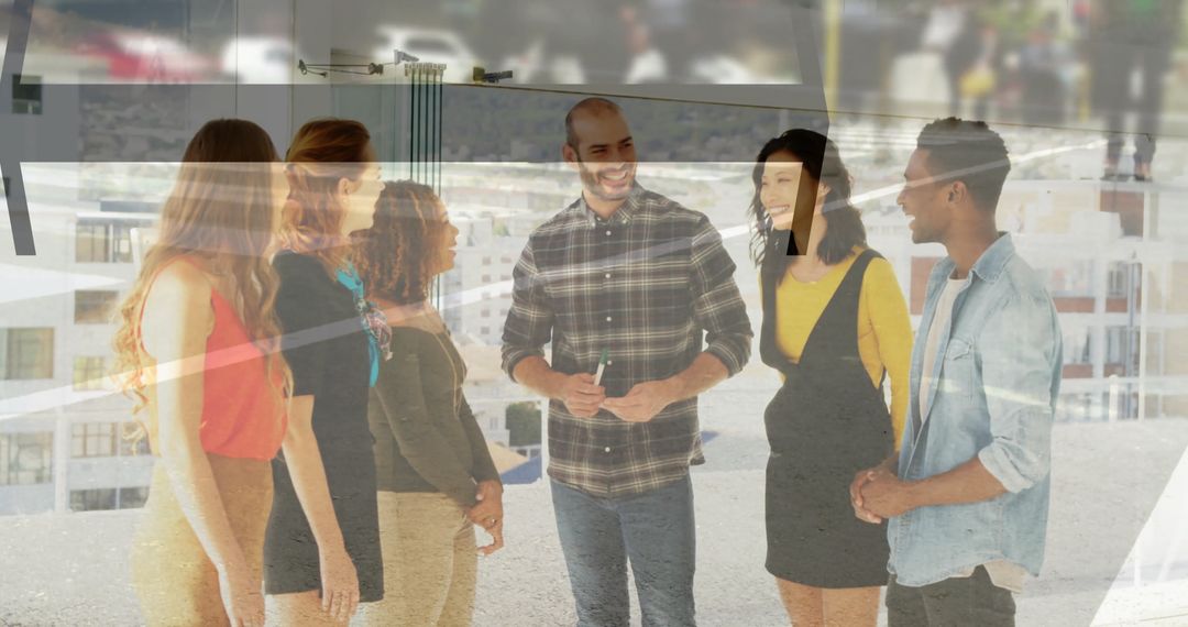 Modern Teamwork on Urban Rooftop with Group Discussion