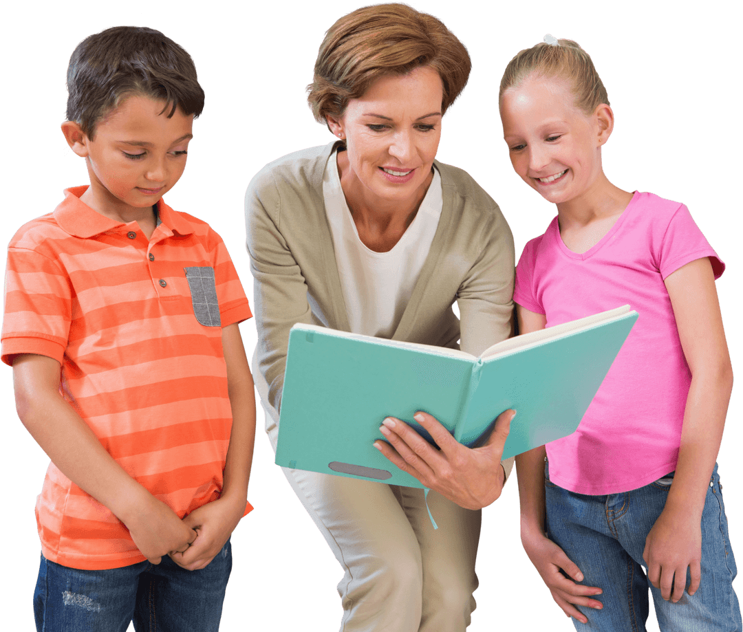 Transparent Teacher Reading Book with Young Students Learning Together