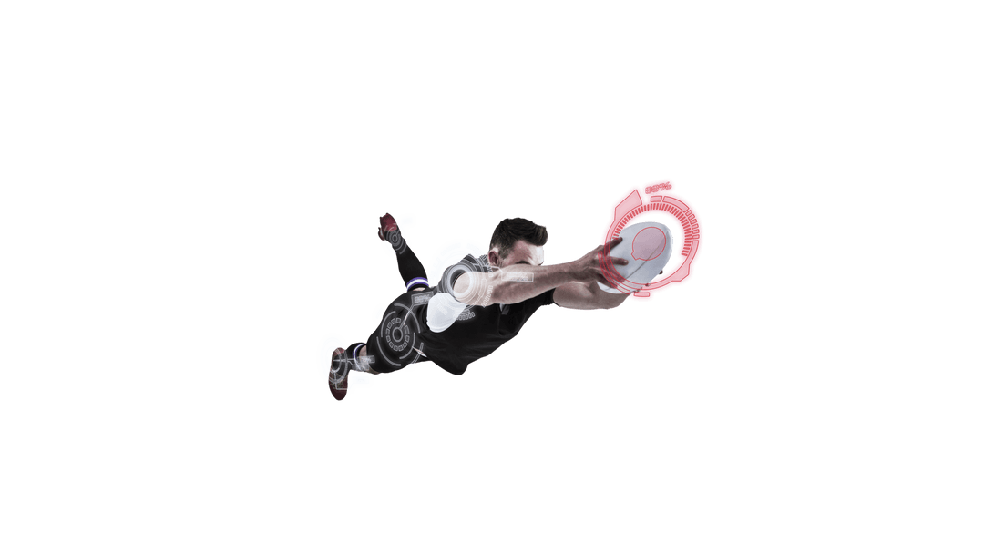 Dynamic Transparent Rugby Player Mid-Air Scoring Move