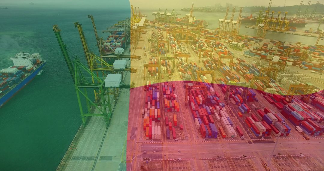 Aerial View of Bustling Seaport with Container Ships