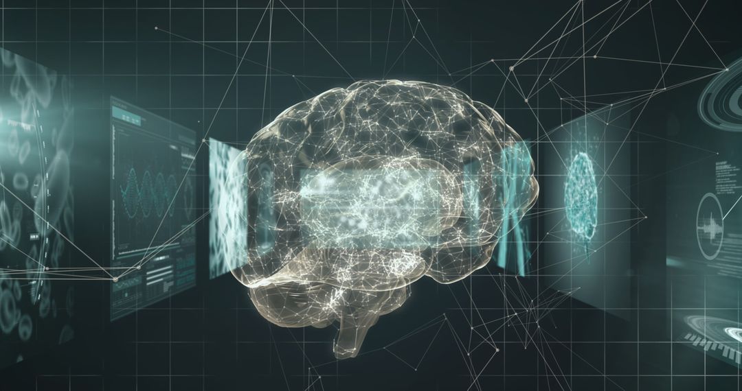 Abstract Digital Brain with Data Interfaces on Dark Background