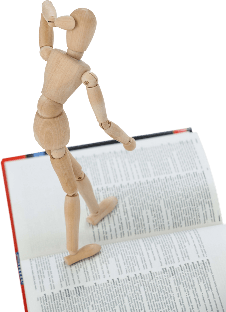 Wooden Mannequin Looking Pensive on Open Book Transparent Background