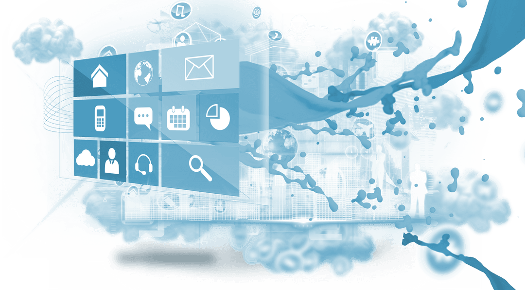 Transparent Digital Screen with Computer Interface Icons on Cloud Background